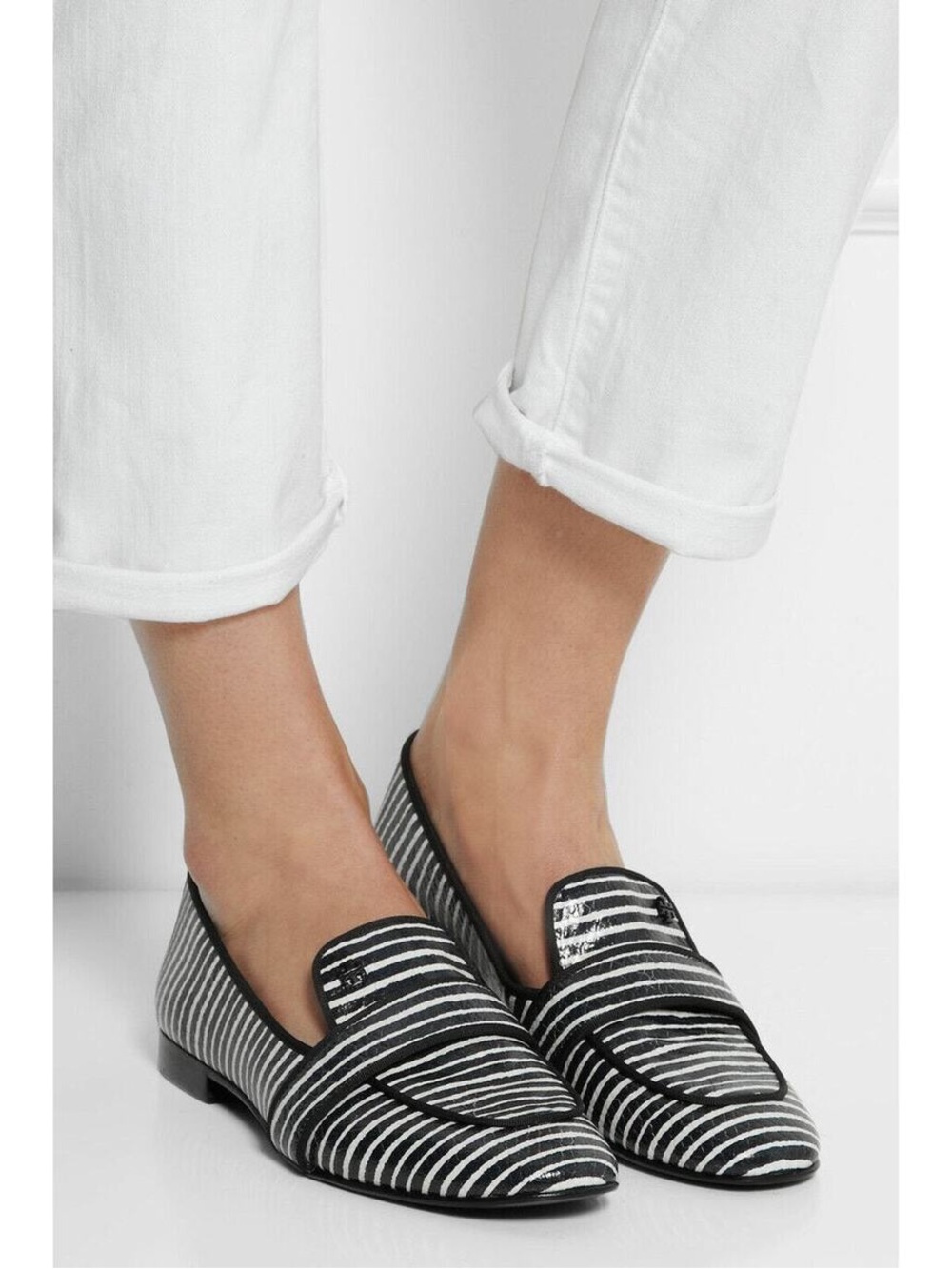 NWOB TORY BURCH Evette Striped Patent Penny Loafers